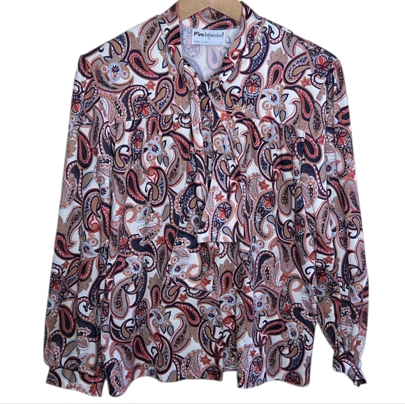 Vintage Fire Islander | Orange Cream Paisley Tie Neck Long Sleeve Blouse - Picture 1 of 6